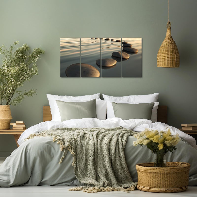 LevvArts - Zen Canvas Wall Art,Basalt Stone on The Sunset Relax Scenery Canvas Pictures for Living Room Decoration,Peaceful Water Multi Panel Wall Art Easy Hanging On - 48" W x 24" H overall - Image 5
